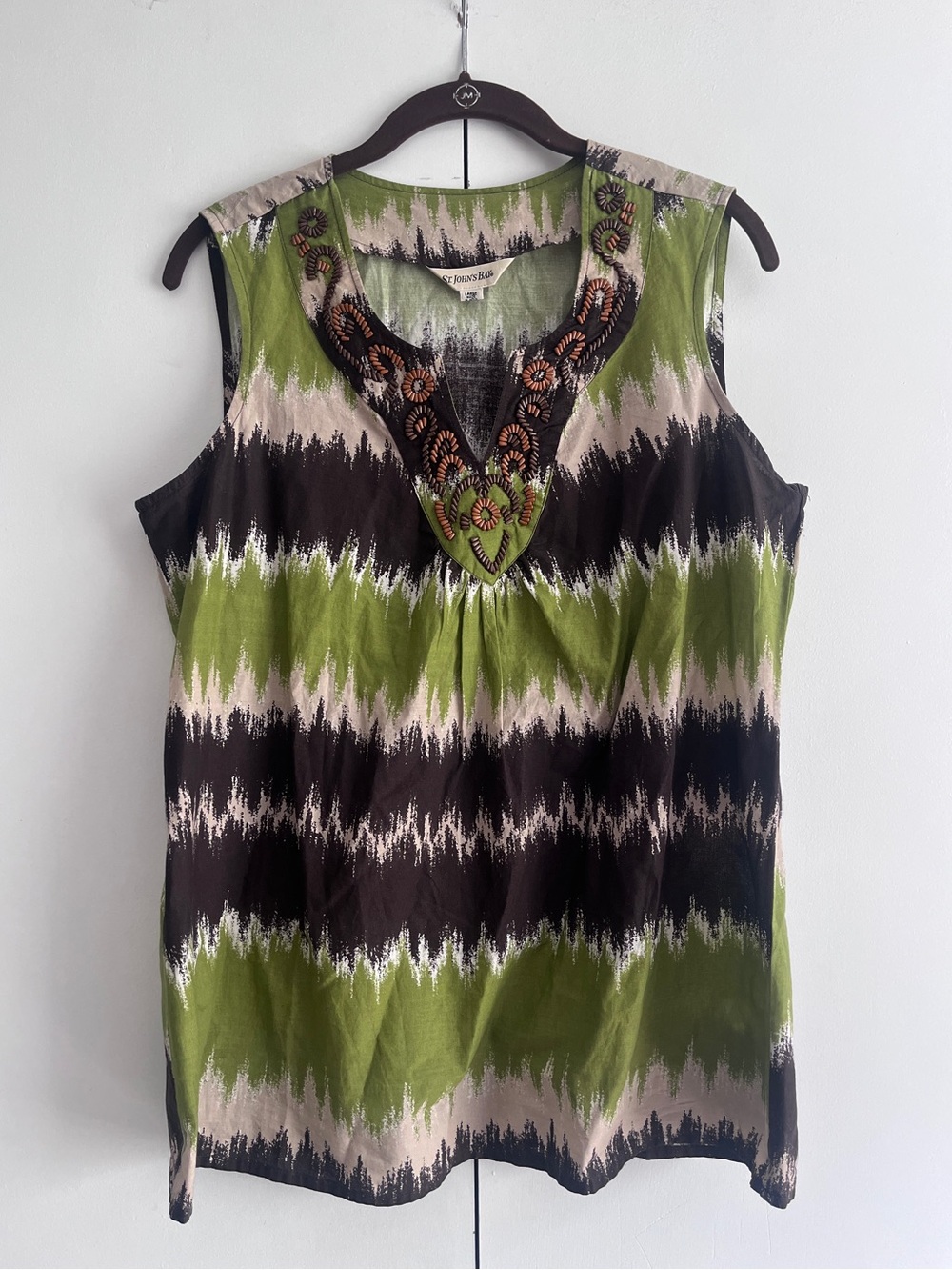 Embroidered V-Neck Sleeveless Top in Olive Green and Brown